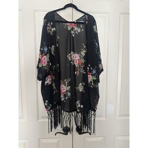 Floral Kimono Cardigan Womens One Size Black Fringe Boho Cover Up Lightweight